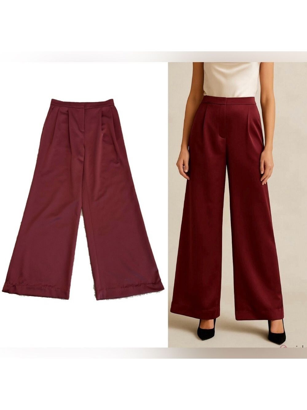 Leith burgundy satin effect wide leg high-rise pleated dart trouser dress pants